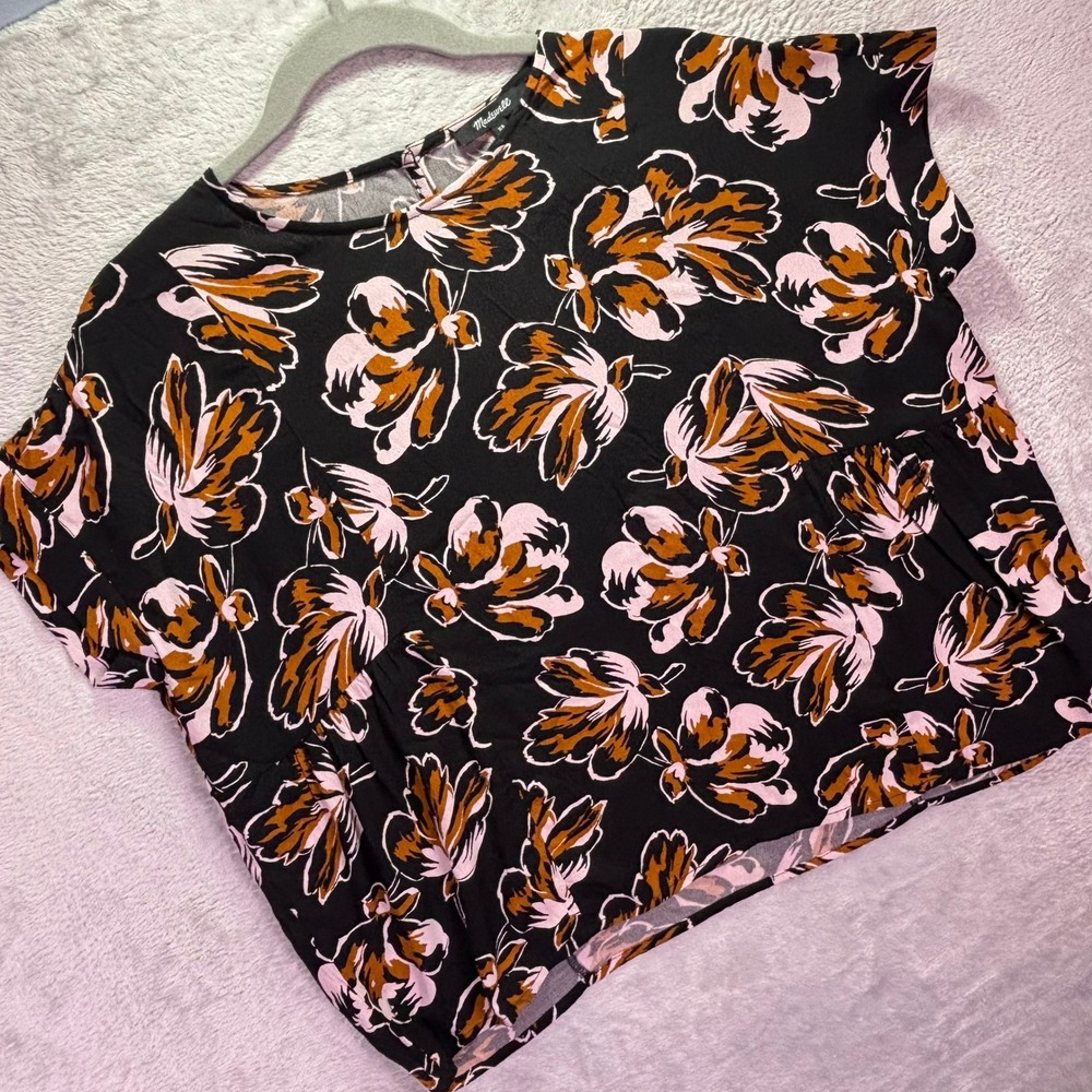 Madewell Women Top Sz XS Black Floral Boxy Viscose Short Sleeve Blouse MC762